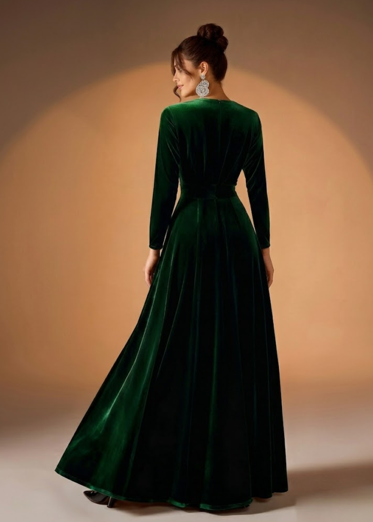 Women's Velvet Maxi Dress with Long Sleeves and Empire Waist Pleating