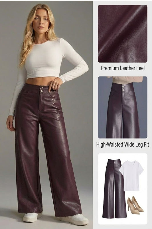 Ceylan Women's Faux Leather Trousers High Waist Wide Leg