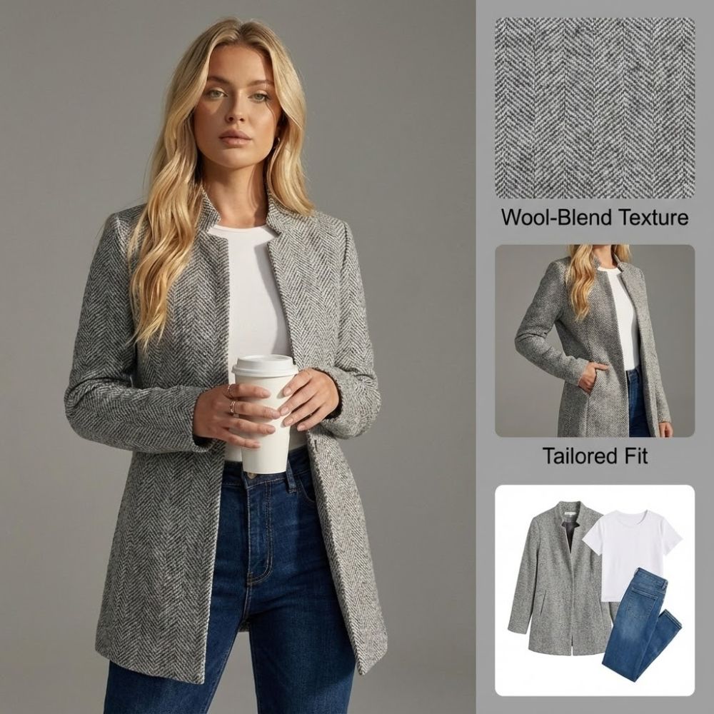 Ceylan Women’s Herringbone Textured Blazer Collarless Open Front Coat