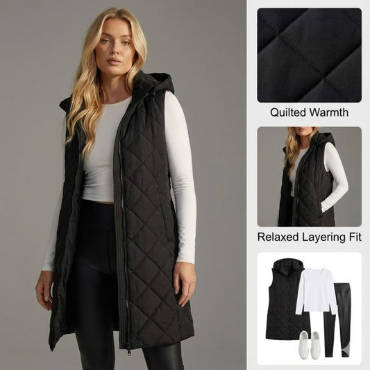 Ceylan Women’s Long Puffer Vest Hooded Sleeveless Quilted Gilet