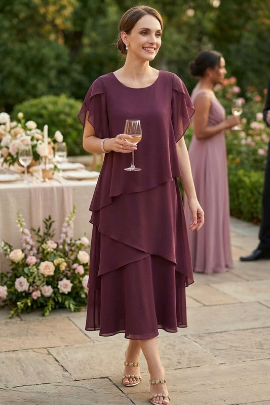 Women's Tiered Chiffon Midi Dress with Flutter Sleeves and Flowing Silhouette