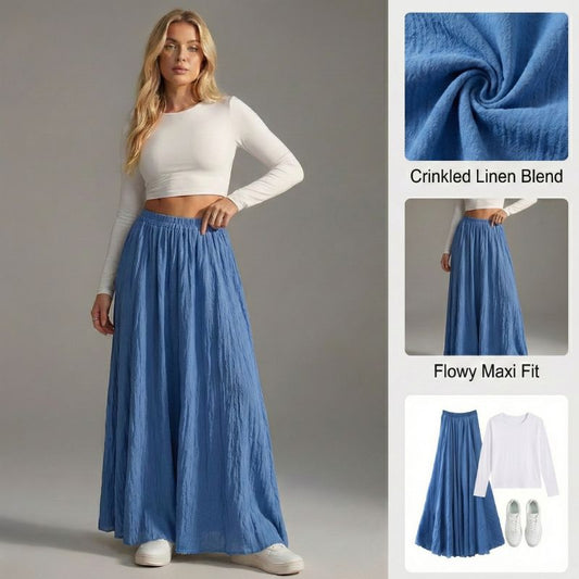 Ceylan Women's Cotton Linen Maxi Skirt Elastic Waist Flowy
