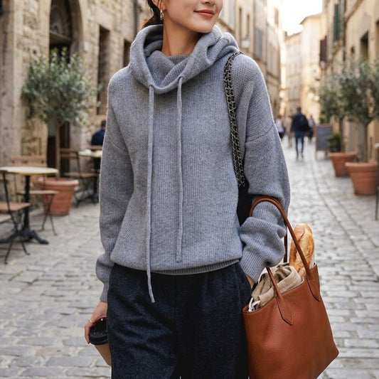 Women's Oversized Knit Pullover Sweater with Cowl Neck and Drawstring Hoodie Detail