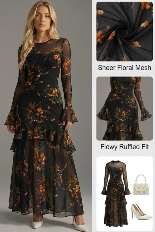 Ceylan Women’s Floral Maxi Dress Tiered Ruffle Mesh Overlay