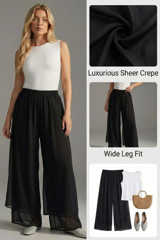 Ceylan Women's Wide Leg Chiffon Pants Sheer Mesh Layer
