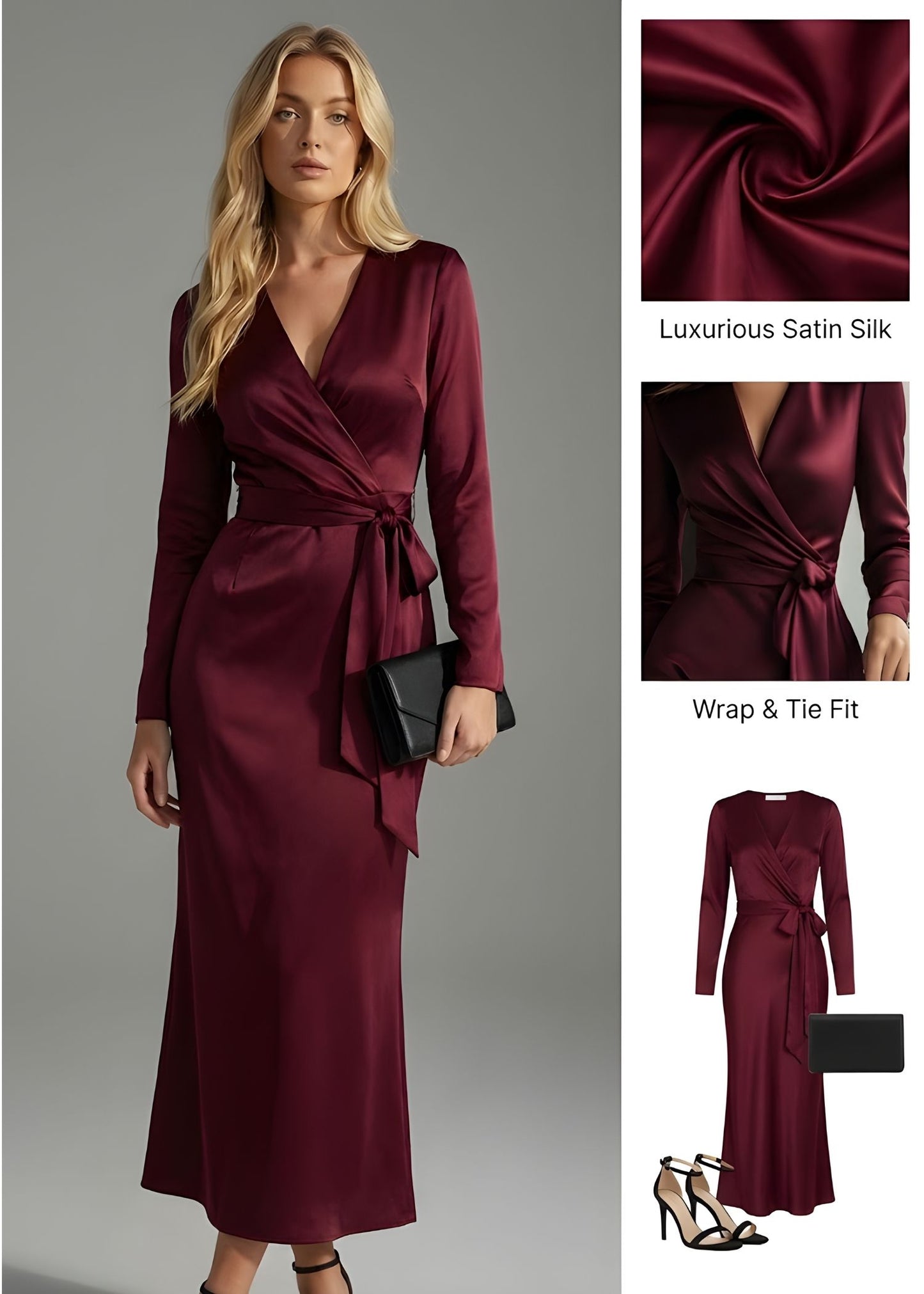 Ceylan Women’s Long Sleeve Satin Wrap Dress with Waist Tie Detail