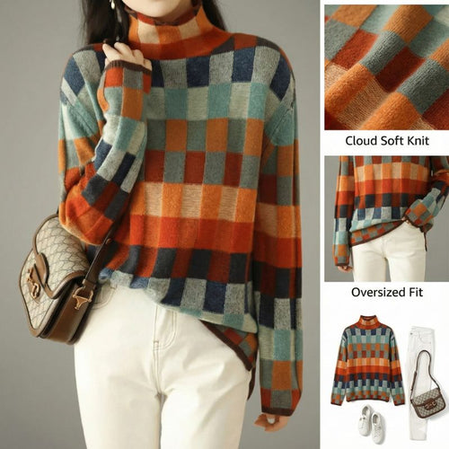 Ceylan Women's Checkered Mock Neck Knit Pullover Sweater