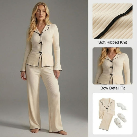 Ceylan Women’s Ribbed Knit Pajama Set Contrast Bow Detail