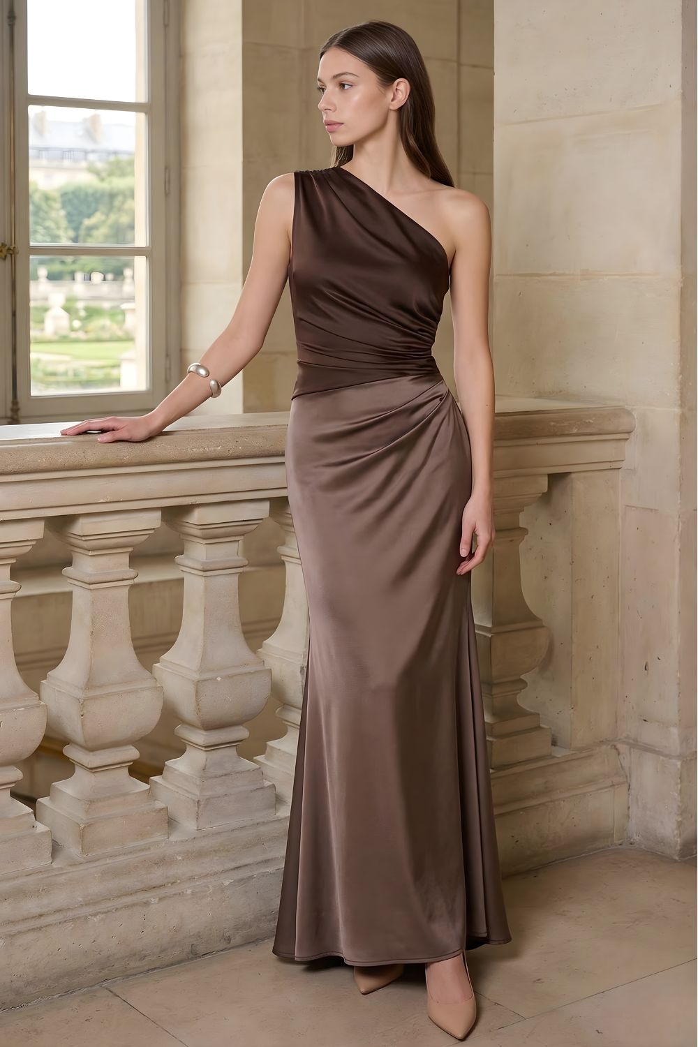Women's One-Shoulder Asymmetric Draped Satin Maxi Dress Elegant Evening Gown