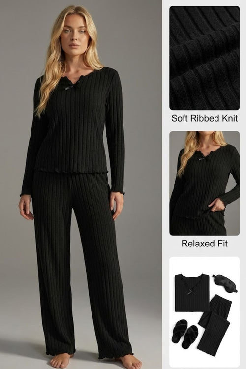 Ceylan Women’s Ribbed Knit Pajama Set Lettuce Edge Trim