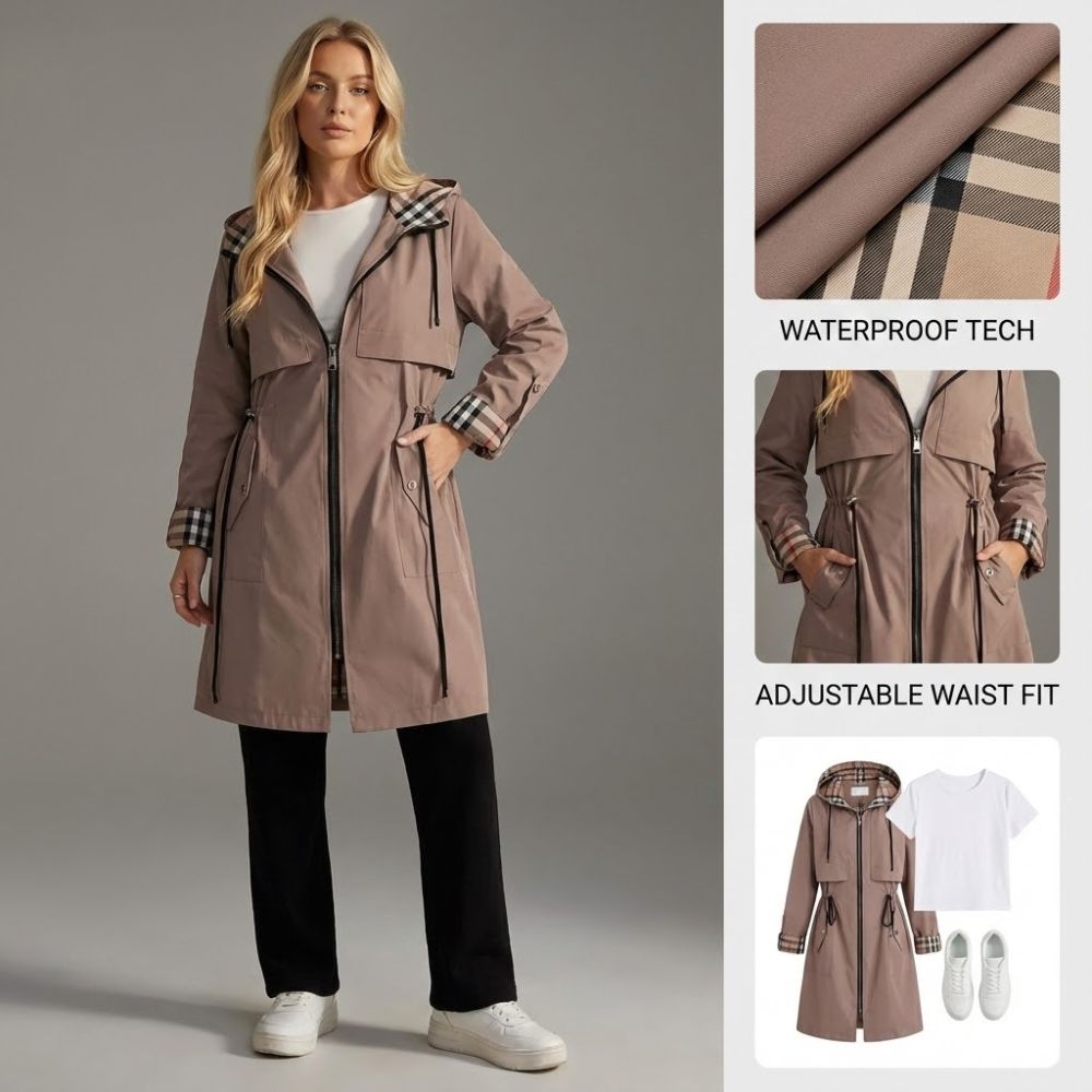 Ceylan Women’s Hooded Rain Parka With Plaid Lining Detail