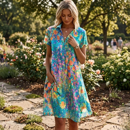 Women's Floral Short Sleeve Shirt Dress with V-Neckline and Relaxed Summer Shift Fit