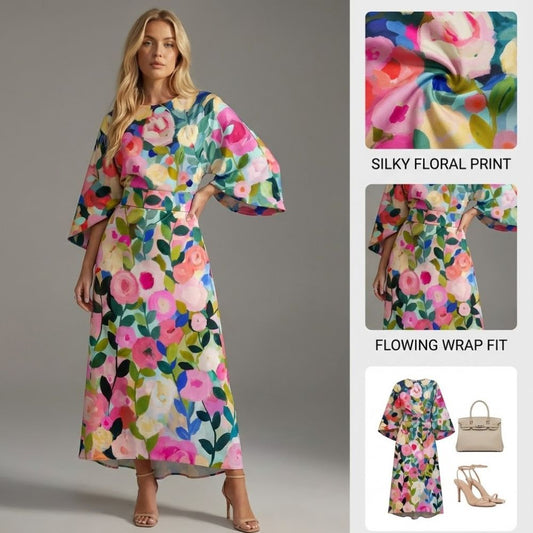 Ceylan Women’s Floral Midi Dress Statement Kimono Sleeve