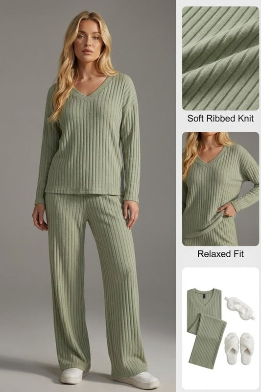 Ceylan Women’s Ribbed Knit Lounge Set Wide Leg Two Piece