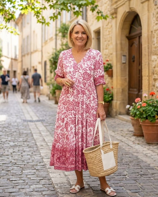 Women’s V-Neck Floral Midi Dress with Flutter Sleeves and Flowing A-Line Silhouette