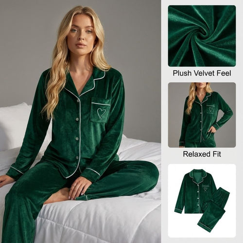 Ceylan Women’s Velvet Pajama Set Contrast Piping Detail