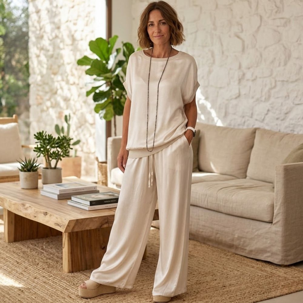 Women’s Satin Two-Piece Set with Wide-Leg Trousers and Relaxed Short-Sleeve Top