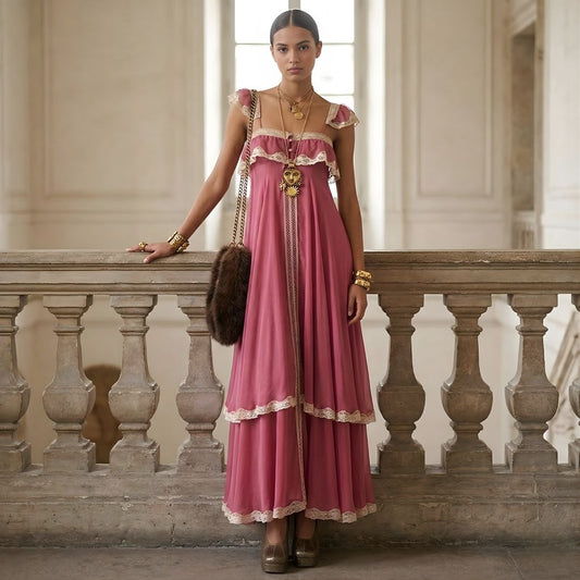 Women’s Silk Chiffon Empire Waist Maxi Dress with Lace Ruffle Trim