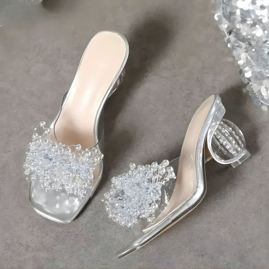 Women’s Beaded Crystal Low Heel Square Toe PVC Mules