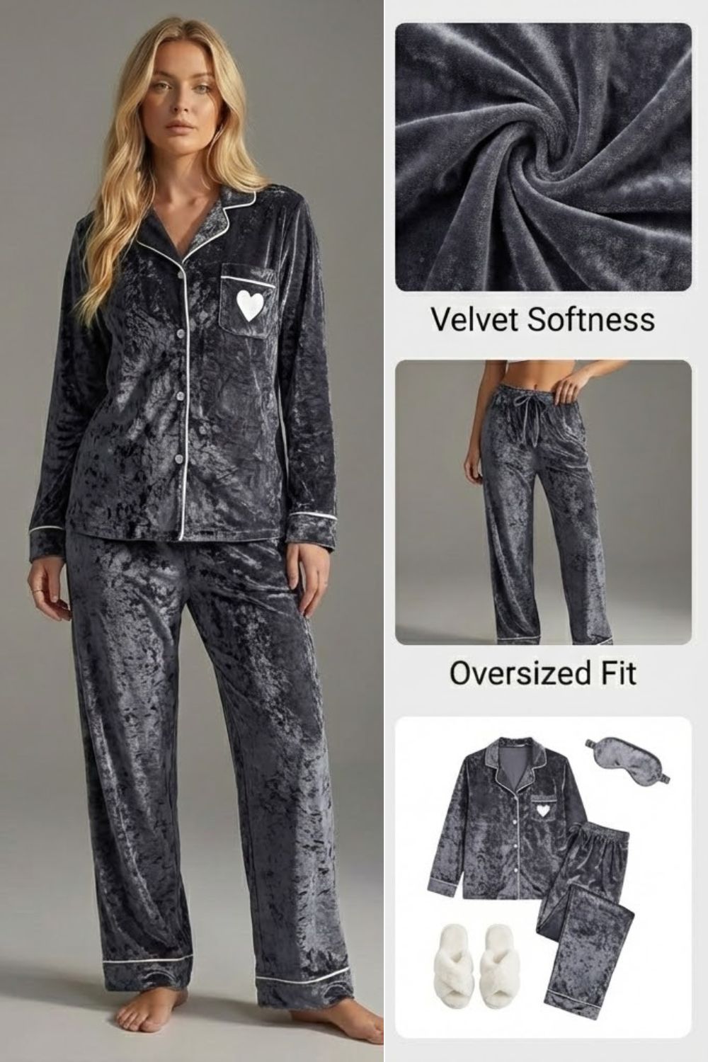 Ceylan Women’s Crushed Velvet Pajama Set Contrast Piping