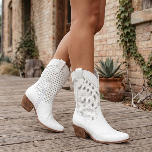 Women's Cowgirl Boots with Perforated Leather Shaft and Stacked Block Heel