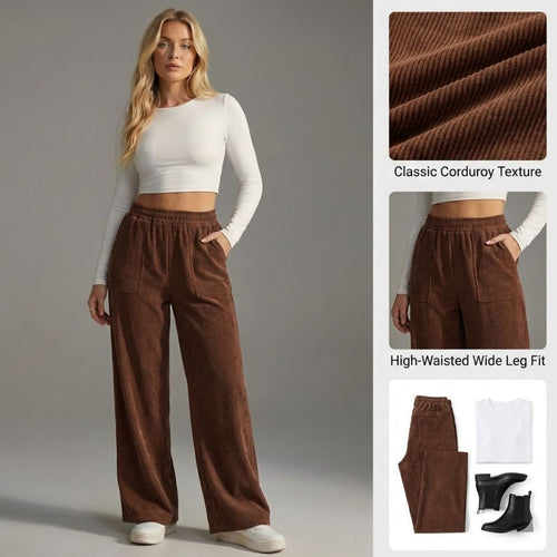 Ceylan Women's Wide Leg Corduroy Trousers Elastic Fit