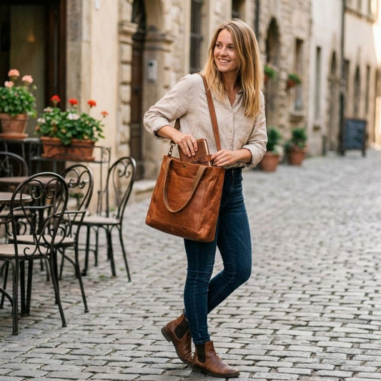 Women’s Genuine Leather Tote Bag with Large External Pocket and Reinforced Straps