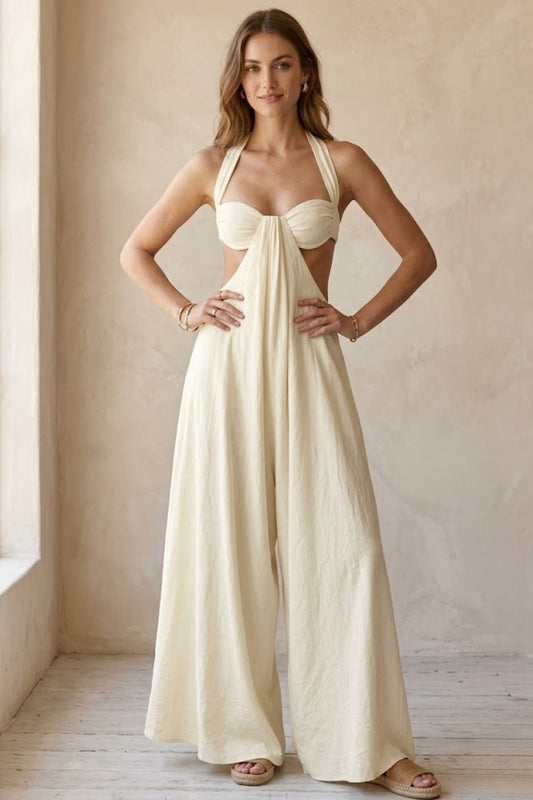 Women’s Wide Leg Jumpsuit with Cutout Waist and Backless Halter Design