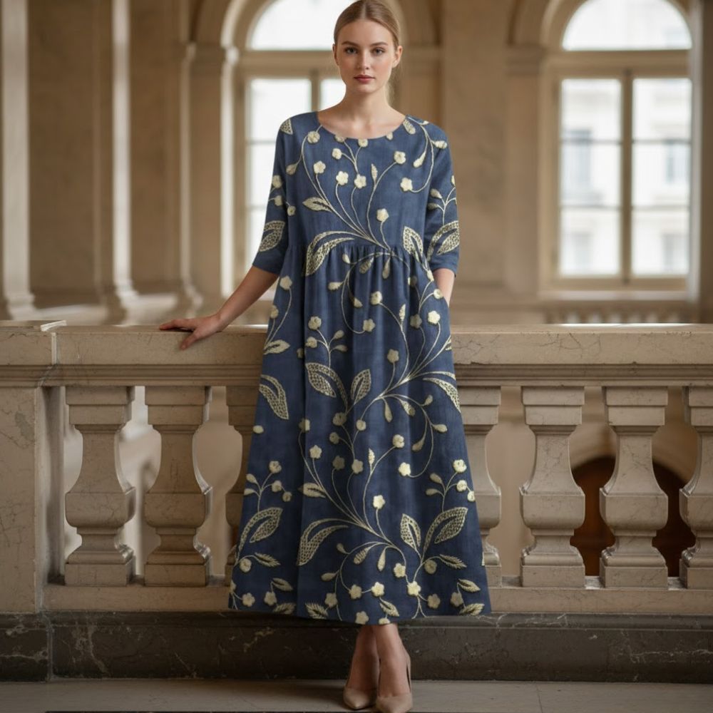 Women’s Embroidered Midi Dress with Pockets and Relaxed Half Sleeve Empire Waist