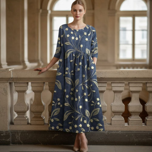 Women’s Embroidered Midi Dress with Pockets and Relaxed Half Sleeve Empire Waist