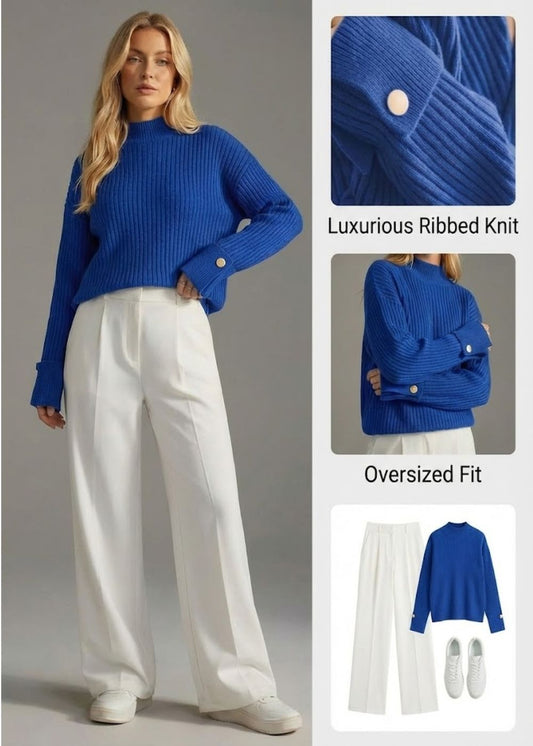 Ceylan Women’s Ribbed Knit Funnel Neck Wide Cuff Sweater