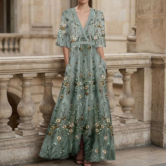 Women’s Maxi Dress with Floral Embroidery Pockets and Elegant V-Neck A-Line Silhouette