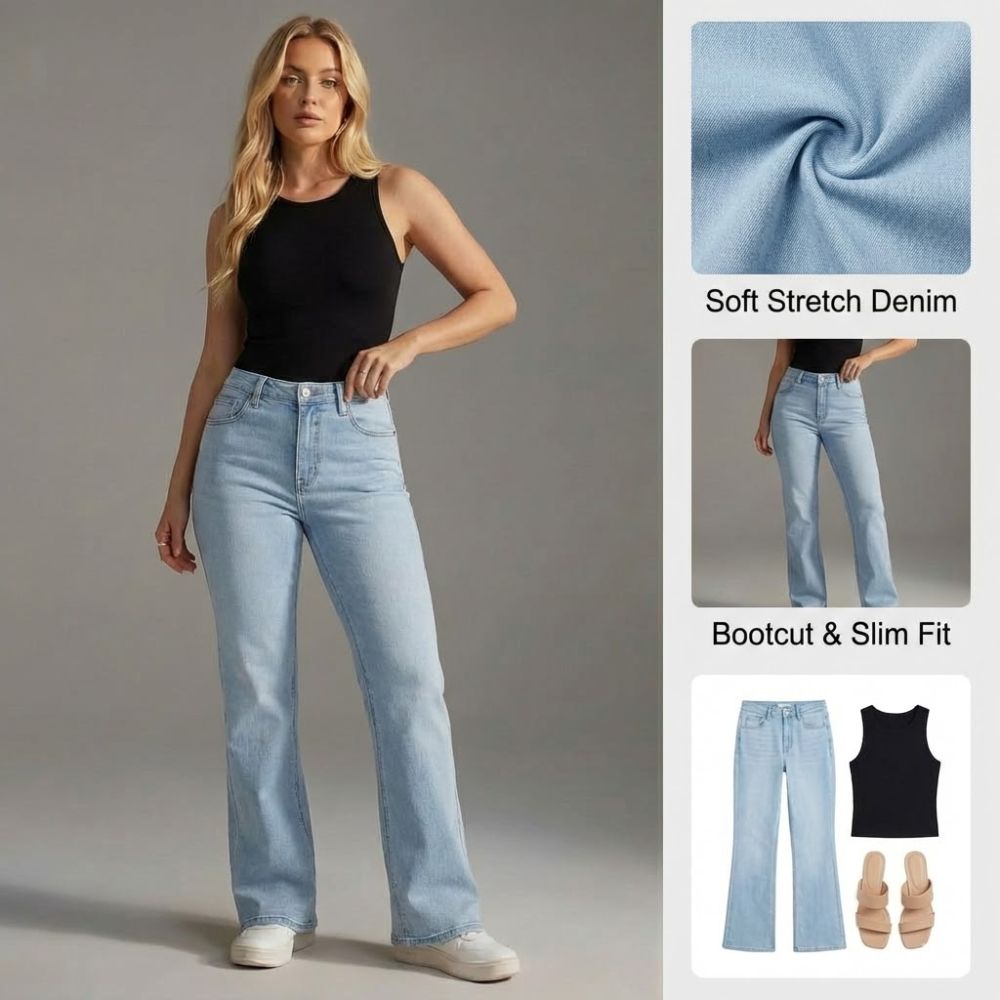 Ceylan Women’s High Rise Flare Jeans Stretch Bell Bottom