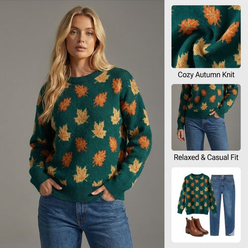 Ceylan Women’s Oversized Knit Sweater Maple Leaf Graphic