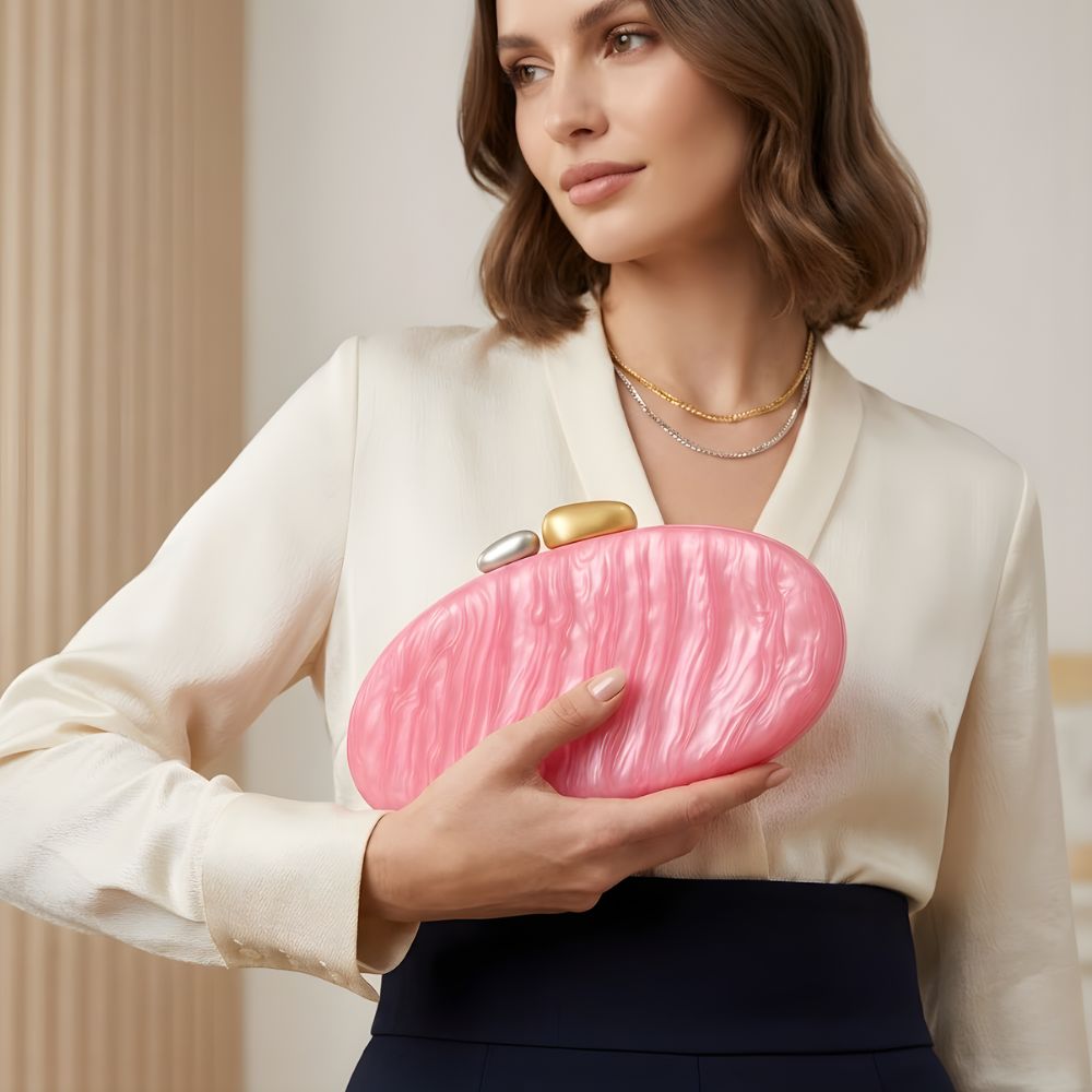 Women¡¯s Evening Clutch Bag Marbled Resin Shell with Metallic Pebble Clasp