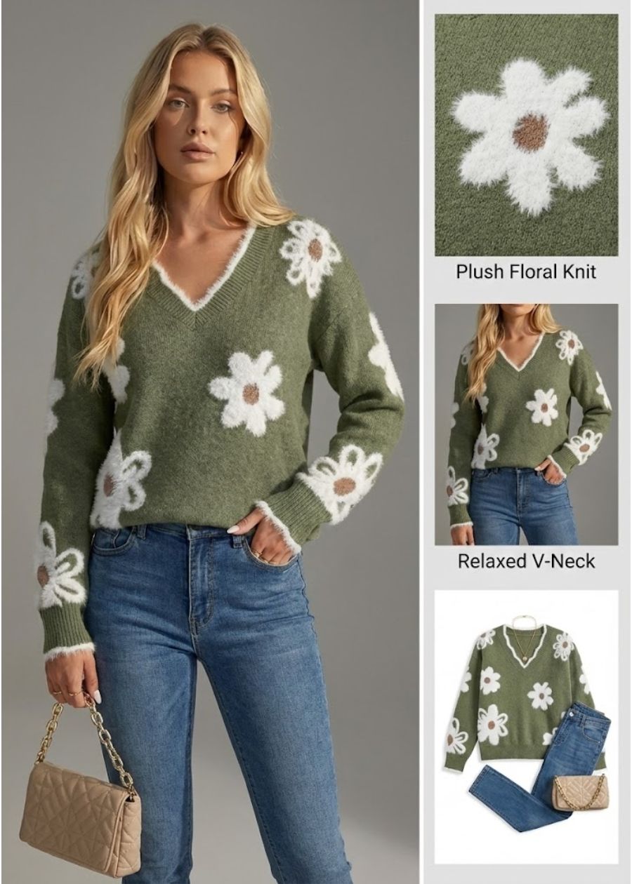 Ceylan Women’s Floral V-Neck Knit Sweater Soft Relaxed Fit Jumper