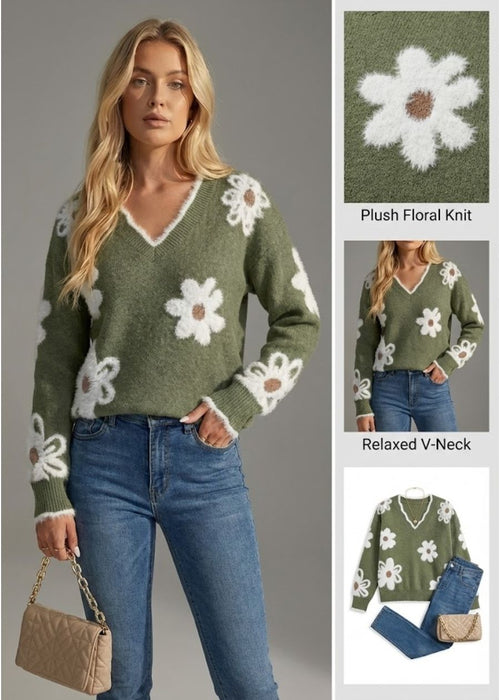Ceylan Women’s Floral V-Neck Knit Sweater Soft Relaxed Fit Jumper