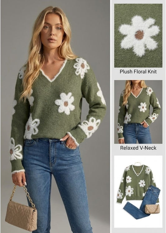 Ceylan Women’s Floral V-Neck Knit Sweater Soft Relaxed Fit Jumper