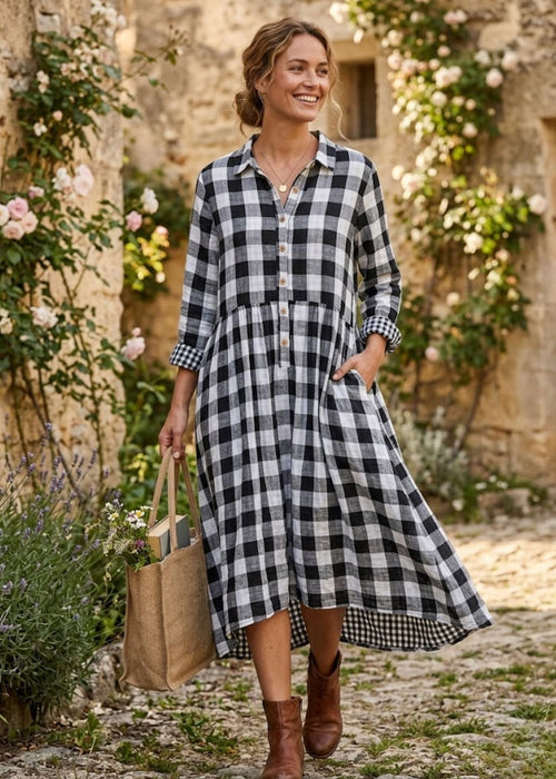 Women’s Midi Dress with Peter Pan Collar and Functional Side Pockets