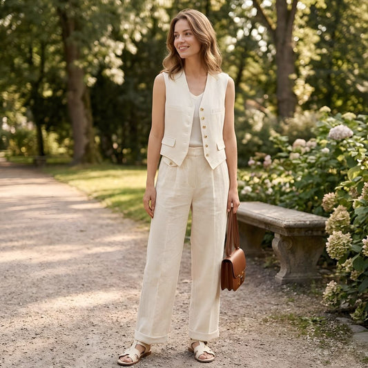 Women’s Linen Vest and Trouser Set with Button-Front Waistcoat