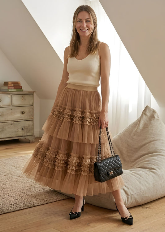 Women's Tulle Maxi Skirt with Tiered Ruffles and High Waisted Mesh Layers