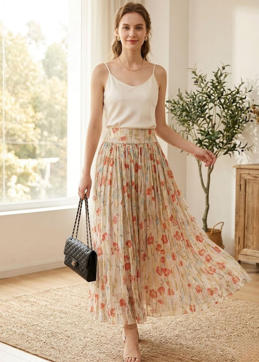 Women's Tulle Maxi Skirt with Floral Print and High Waisted Wrinkled Texture
