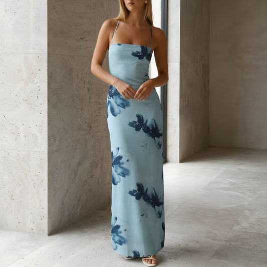 Women's Maxi Dress with Square Neck and Cross Tie Back