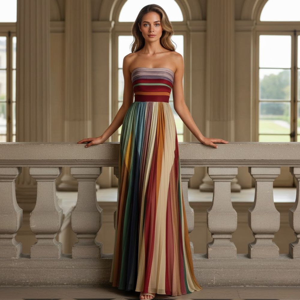 Women¡¯s Strapless Pleated Maxi Dress with Vibrant Vertical Stripe Print and Fitted Bodice