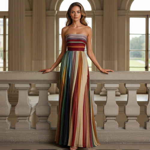 Women¡¯s Strapless Pleated Maxi Dress with Vibrant Vertical Stripe Print and Fitted Bodice