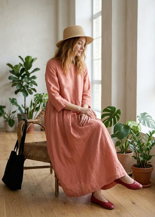 Women¡¯s Midi Dress with Functional Side Pockets and Patchwork Cotton Panels