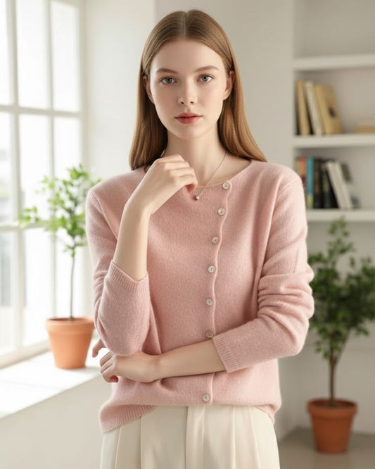 Women's Lightweight Knit Cardigan with Mother of Pearl Buttons and Classic Crew Neckline