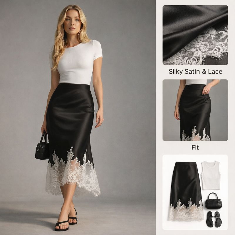 Ceylan Women’s Satin Midi Skirt Contrast Lace Trim