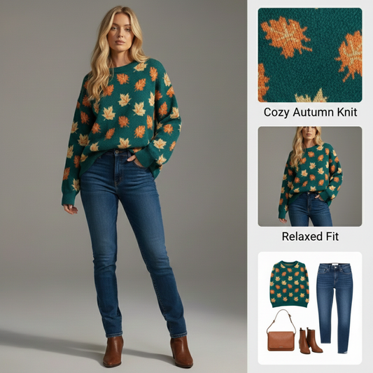 Ceylan Women's Knit Sweater Autumn Leaf Pattern