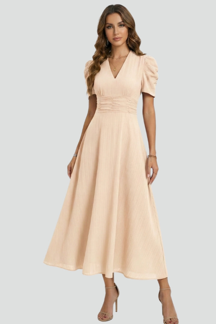 Women's V-Neck Midi Dress with Ruched Waist and Short Sleeves